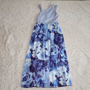 Girls Size 8 Xtraordinary Blue Asymmetrical Floral Sleeveless Maxi Spring Dress